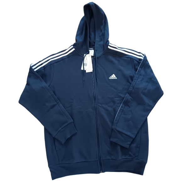 adidas Mens Essential Fleece 3-Stripe Full Zip Hoodie Jacket Navy Size Large NWT - Picture 2 of 3